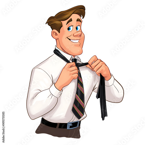 A man adjusting his tie with a smile 