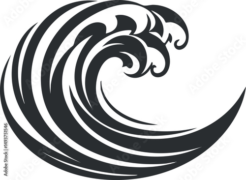 Stylized black and white graphic illustration of a powerful ocean wave curling with dynamic motion and energy