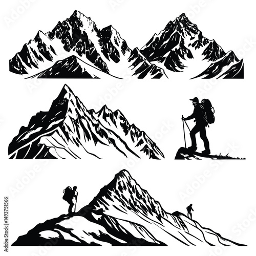 Himalayan mountain black silhouette mountain range illustrations with hikers
