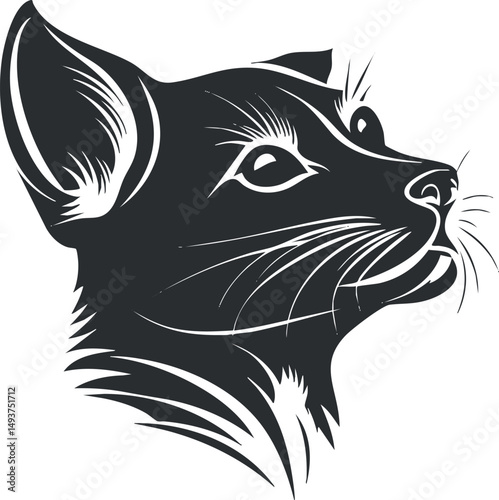 Black and white vector illustration of a cat head looking upwards with detailed whiskers and ears