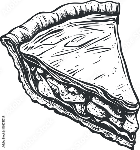 Black and white illustration of a slice of pie with flaky crust and a textured filling