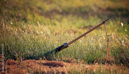 javelin in field stuck in the grass javelin speared into the ground photo