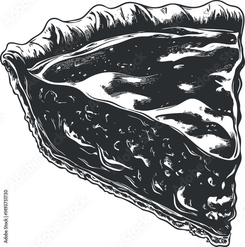 Black and white illustration of a single slice of pie with detailed crust and filling