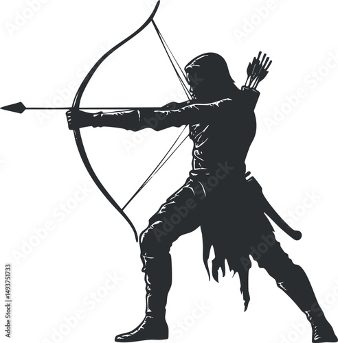 Silhouette of an archer aiming a drawn bow with an arrow ready to shoot in a dynamic stance