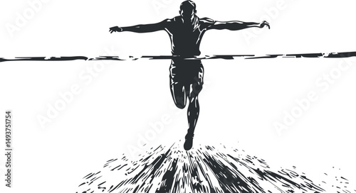 Silhouette of a runner crossing the finish line in a race, symbolizing victory and achievement