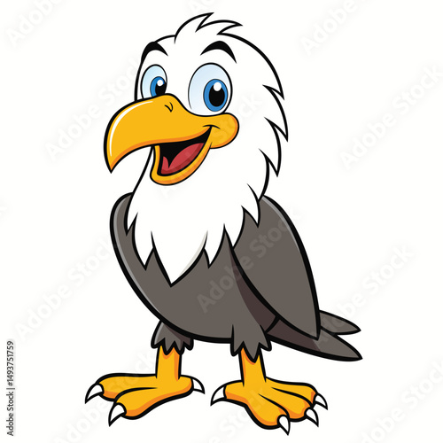 Smiling cartoon bald eagle with a cheerful face stands confidently on his powerful talons