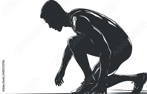 Silhouette of a male athlete crouching in starting position preparing to sprint on a track.