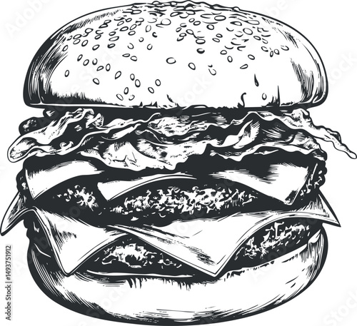 Black and white detailed illustration of a cheeseburger with bacon on a sesame seed bun