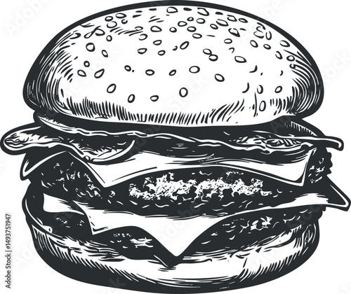 Black and white illustration of a classic cheeseburger with sesame seed bun, cheese, and meat patty