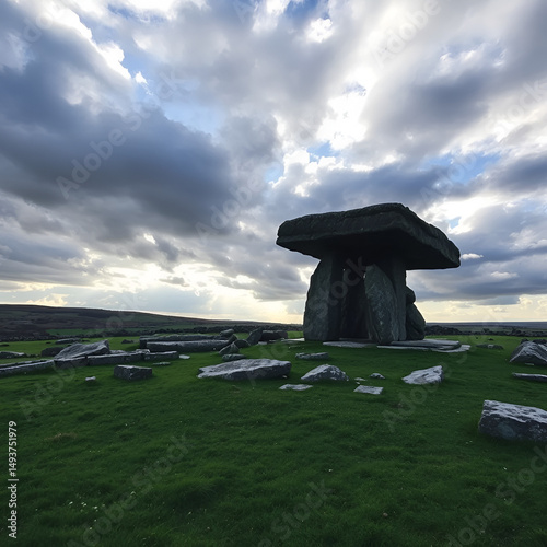 Poulnabrone dolmen in Burren geopark, Ireland, with dramatic cloud sky