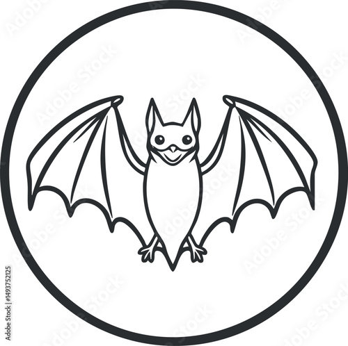 Black and white line art illustration of a cute bat with wings spread inside a circle icon
