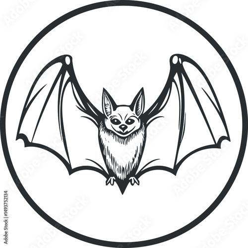 Black and white vector illustration of a bat with outstretched wings inside a circle symbol