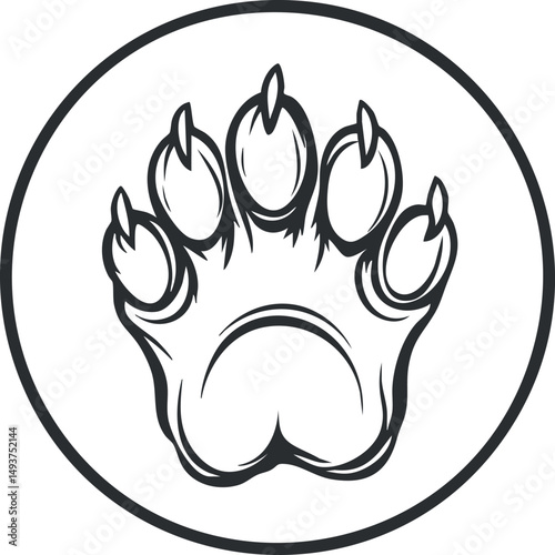 Black and white line art of an animal paw print with claws inside a circle emblem