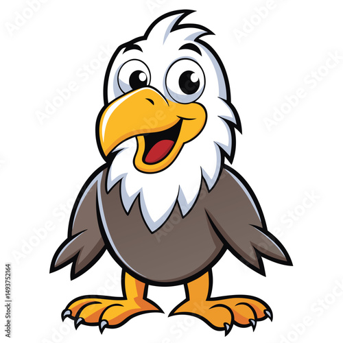 Cheerful cartoon bald eagle with outstretched claws stands smiling on a white background