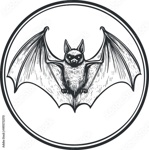 Black and white detailed illustration of a bat with outstretched wings inside a circular frame, symbolizing nocturnal wildlife.