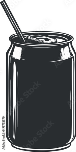 Black and white illustration of an open drink can with a straw inserted, isolated on black