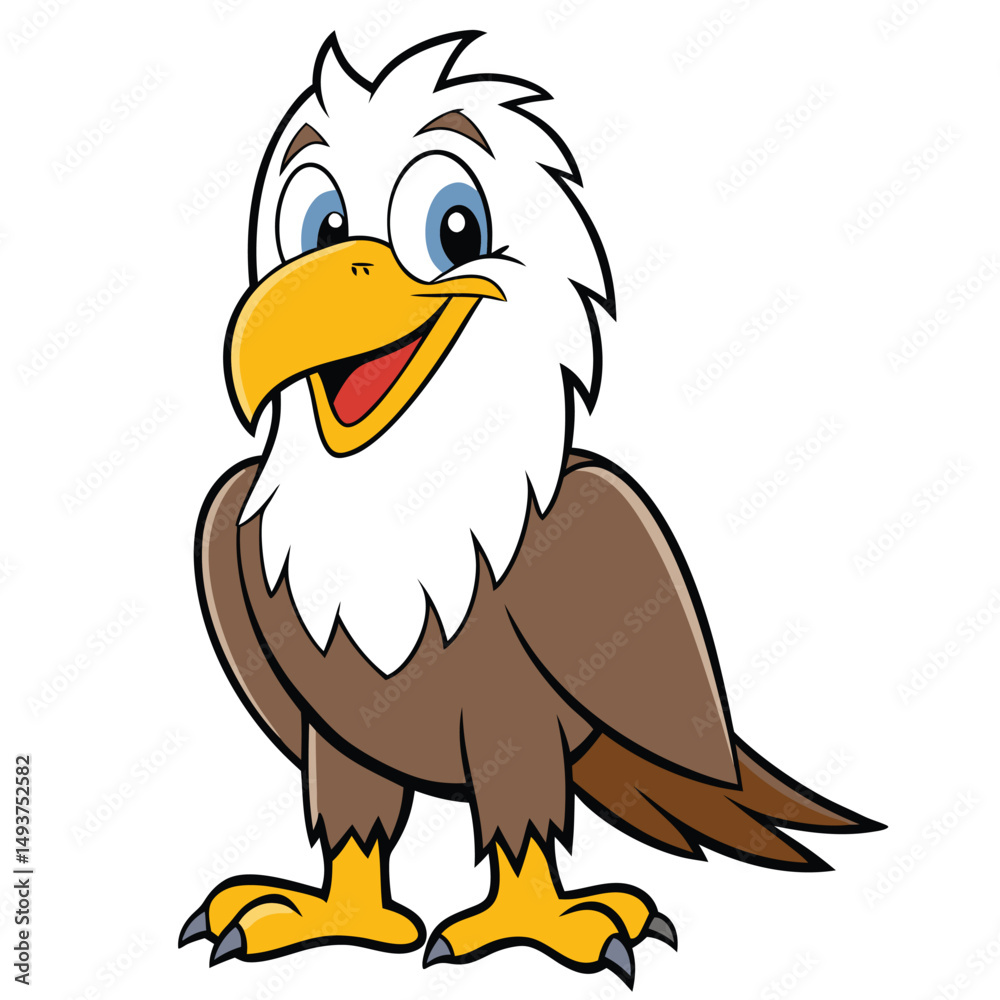 Fototapeta premium Cheerful cartoon bald eagle with bright blue eyes confidently standing on its yellow feet