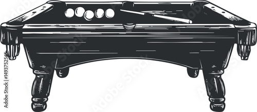 Illustration of a classic billiards pool table with balls and a cue stick on a white background