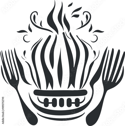 Black and white stylized icon of hot steaming food on a plate with forks on each side symbolizing meal and dining.