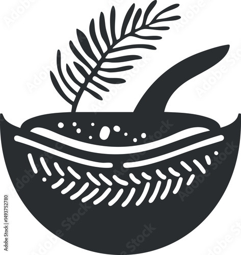Black and white illustration of a bowl with leaves and a spoon representing herbal or natural ingredients