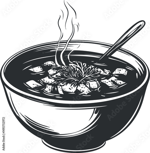 Black and white illustration of a steaming bowl of soup with vegetables and herbs, served with a spoon.