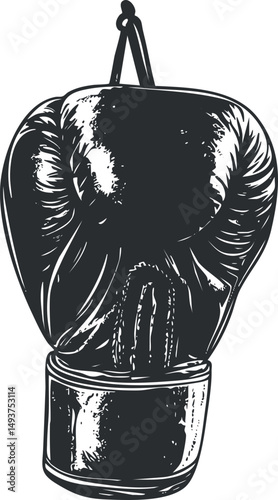 Black and white illustration of a hanging boxing glove used for training and combat sports