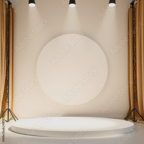 Elegant empty white stage with spotlights and curtains for product presentation and display