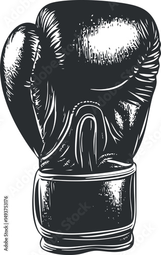 Detailed black and white illustration of a single boxing glove isolated on white background