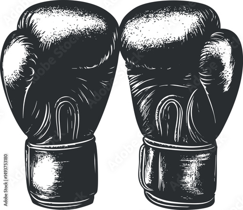 Black and white illustration of a pair of vintage boxing gloves used for training and fighting