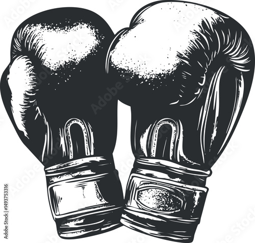 Black and white illustration of a pair of boxing gloves used in fighting and training sports.