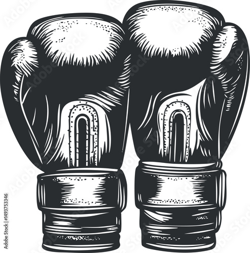 Black and white vintage illustration of a pair of boxing gloves used for fighting and training sports