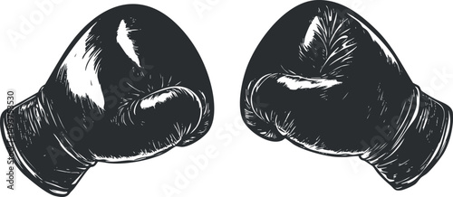 Black and white illustration of a pair of boxing gloves facing each other, symbolizing combat and sports.