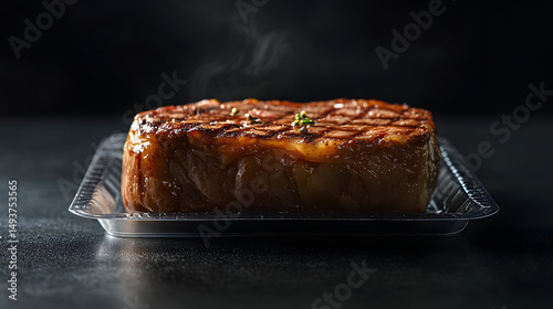 Rump steak in clear vacuum-sealed packaging with realistic marbling and texture showcasing premium raw beef freshness for butcher shops