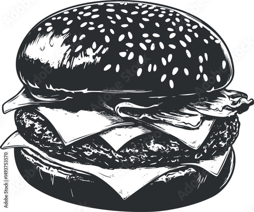 Black and white detailed illustration of a classic cheeseburger with bacon and sesame seed bun