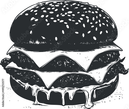 Black and white illustration of a juicy cheeseburger with sesame seed bun and melted cheese dripping