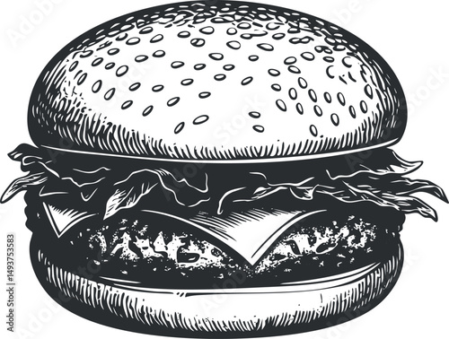 Black and white hand-drawn illustration of a classic hamburger with cheese and lettuce on a sesame bun