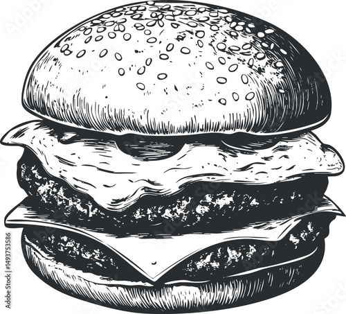 Hand drawn black and white illustration of a classic cheeseburger with sesame seed bun and two beef patties