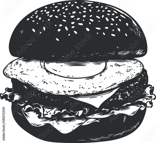 Hand-drawn monochrome illustration of a classic burger with fried egg, lettuce, cheese, and sesame bun