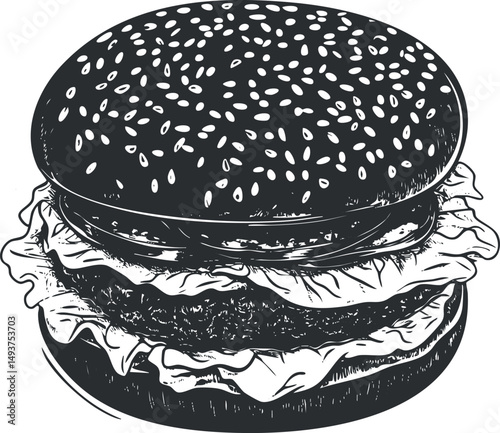 Hand drawn black and white illustration of a hamburger with sesame bun and lettuce on white background