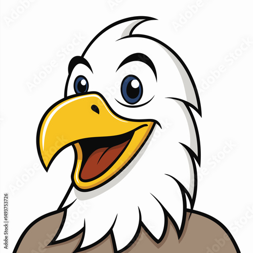 Cartoon eagle character is smiling widely with bright blue eyes and yellow beak