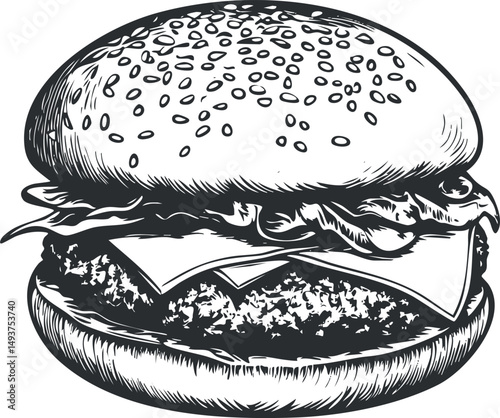 Black and white hand drawn illustration of a cheeseburger with lettuce and sesame bun