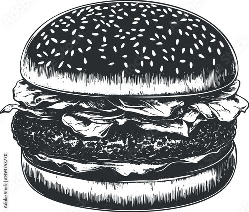 Black and white detailed illustration of a classic hamburger with lettuce and sesame bun