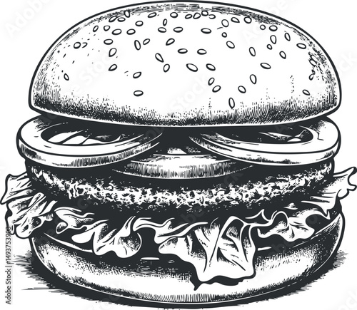 Black and white hand drawn illustration of a classic hamburger with lettuce tomato and onion on sesame bun