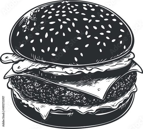 Black and white hand drawn illustration of a classic cheeseburger with sesame seed bun and lettuce
