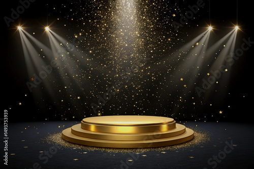 Elegant golden stage illuminated by spotlights with falling glitter for celebrations and events