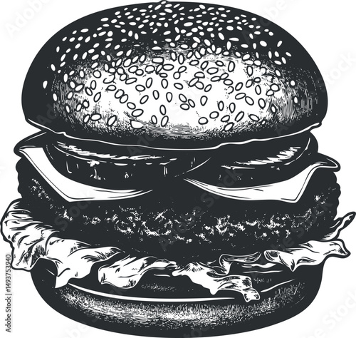 Black and white detailed illustration of a classic cheeseburger with lettuce and sesame bun