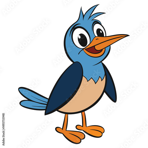 The cheerful blue cartoon bird is standing with its big eyes gleaming brightly