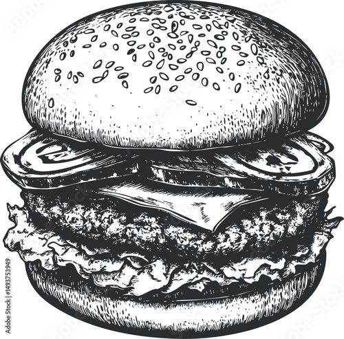 Black and white hand drawn illustration of a classic hamburger with sesame bun, lettuce, tomato, cheese, and beef patty
