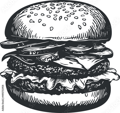 Hand drawn black and white illustration of a classic hamburger with lettuce cheese and pickles on a sesame seed bun