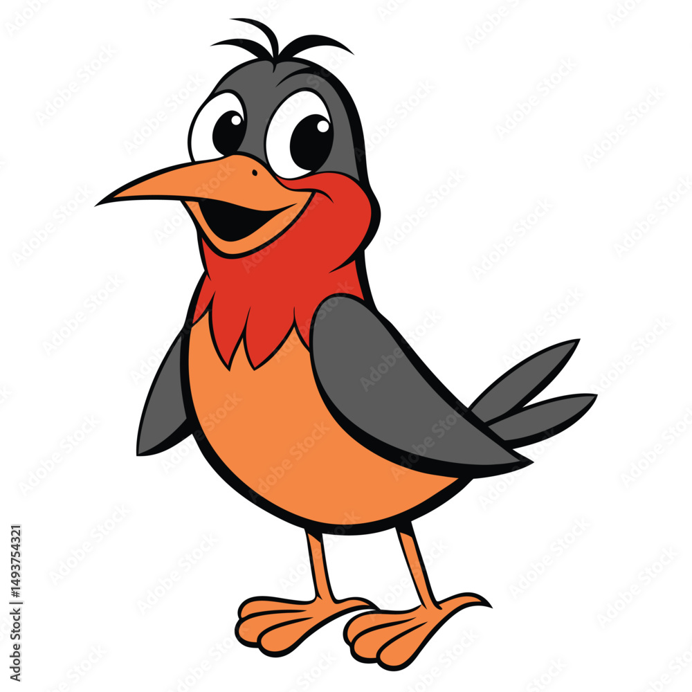 Fototapeta premium Happy cartoon robin bird with orange breast and grey wings stands cheerfully upright